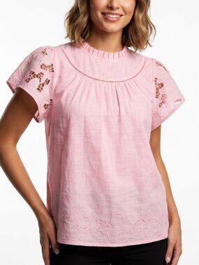 M. Mira Coquette Pink Eyelet Lace Flutter Sleeve Blouse NWT S